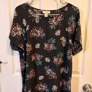 LOFT Black Floral Blouse with Green and Red Accents